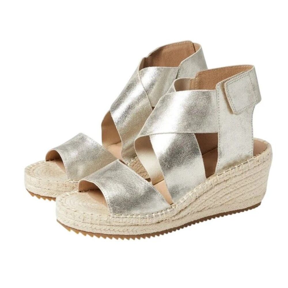 Eileen Fisher Willow Espadrille Platinum Glitter Suede Wedge Sandals Size 11